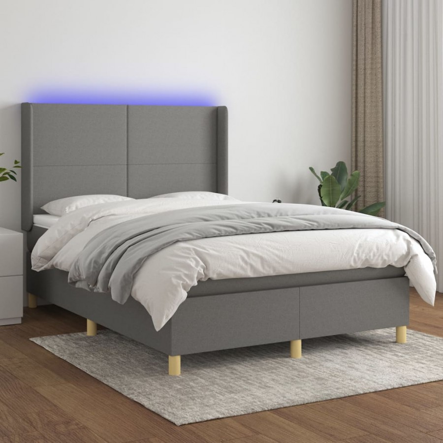 Cadre de lit matelas LED Gris foncé 140x200 cm Tissu