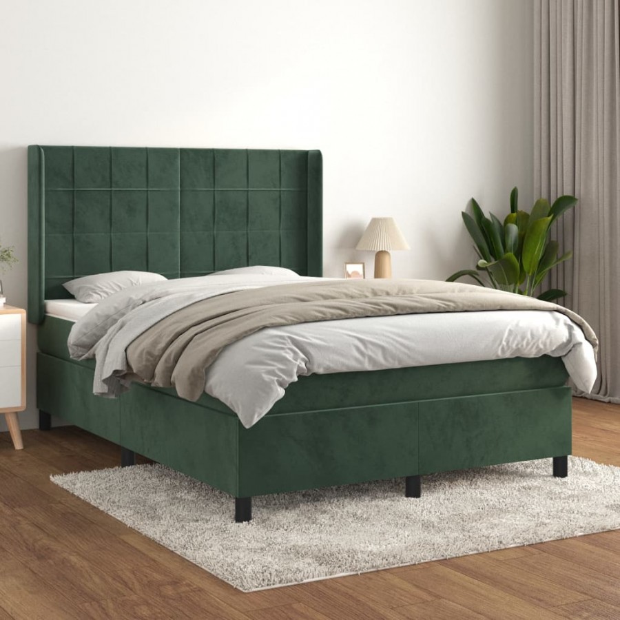 Cadre de lit et matelas Vert foncé 140x200cm Velours