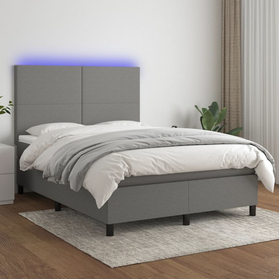 Cadre de lit et matelas et LED Gris foncé 140x190 cm