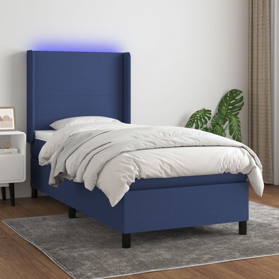 Cadre de lit matelas et LED Bleu 100x200 cm Tissu