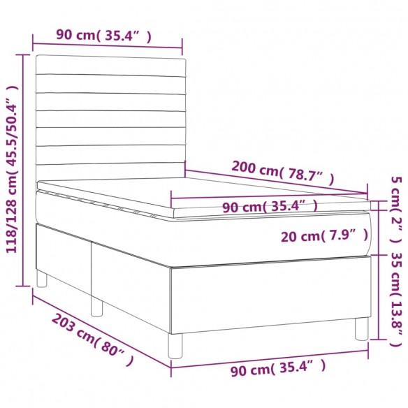 Cadre de lit avec matelas et LED Gris foncé 90x200cm