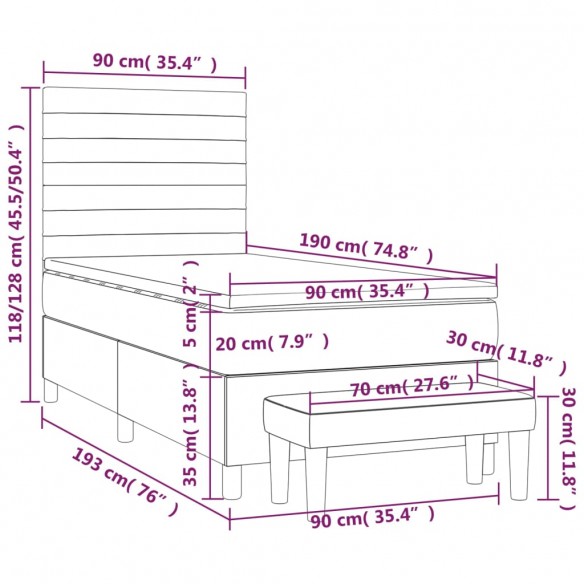 Cadre de lit et matelas Gris foncé 90x190 cm Tissu