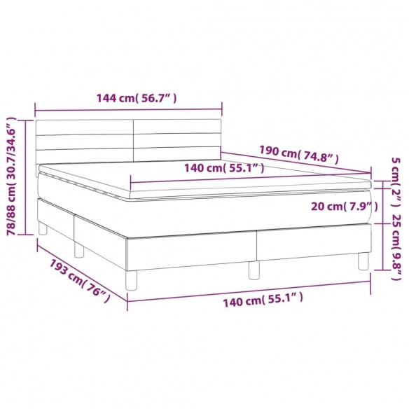 Cadre de lit et matelas et LED Gris foncé 140x190 cm