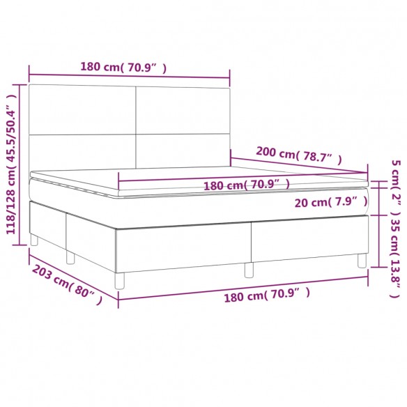 Cadre de lit et matelas et LED Gris clair 180x200 cm