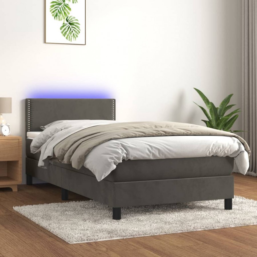 Cadre de lit avec matelas et LED Gris foncé 90x200cm