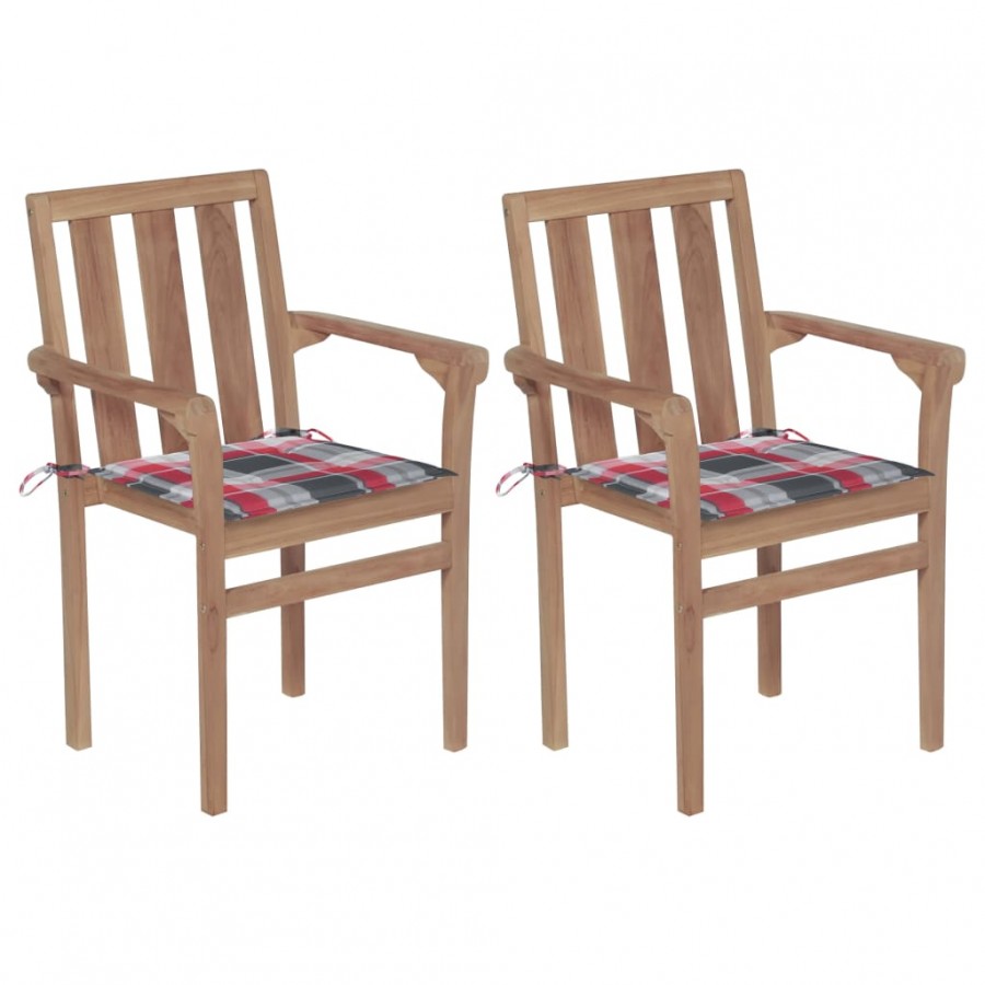 Chaises de jardin 2 pcs avec coussins à carreaux rouge Teck