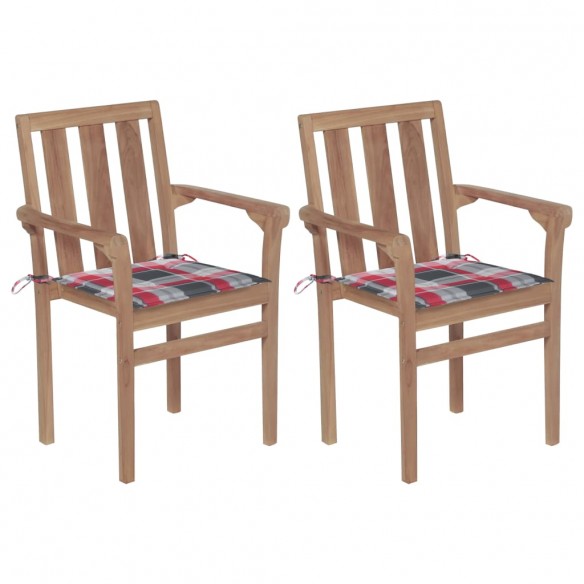 Chaises de jardin 2 pcs avec coussins à carreaux rouge Teck