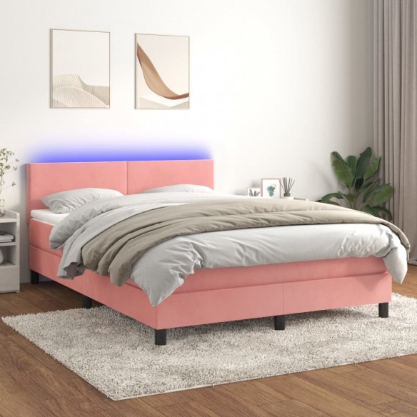 Cadre de lit avec matelas LED Rose 140x190cm Velours