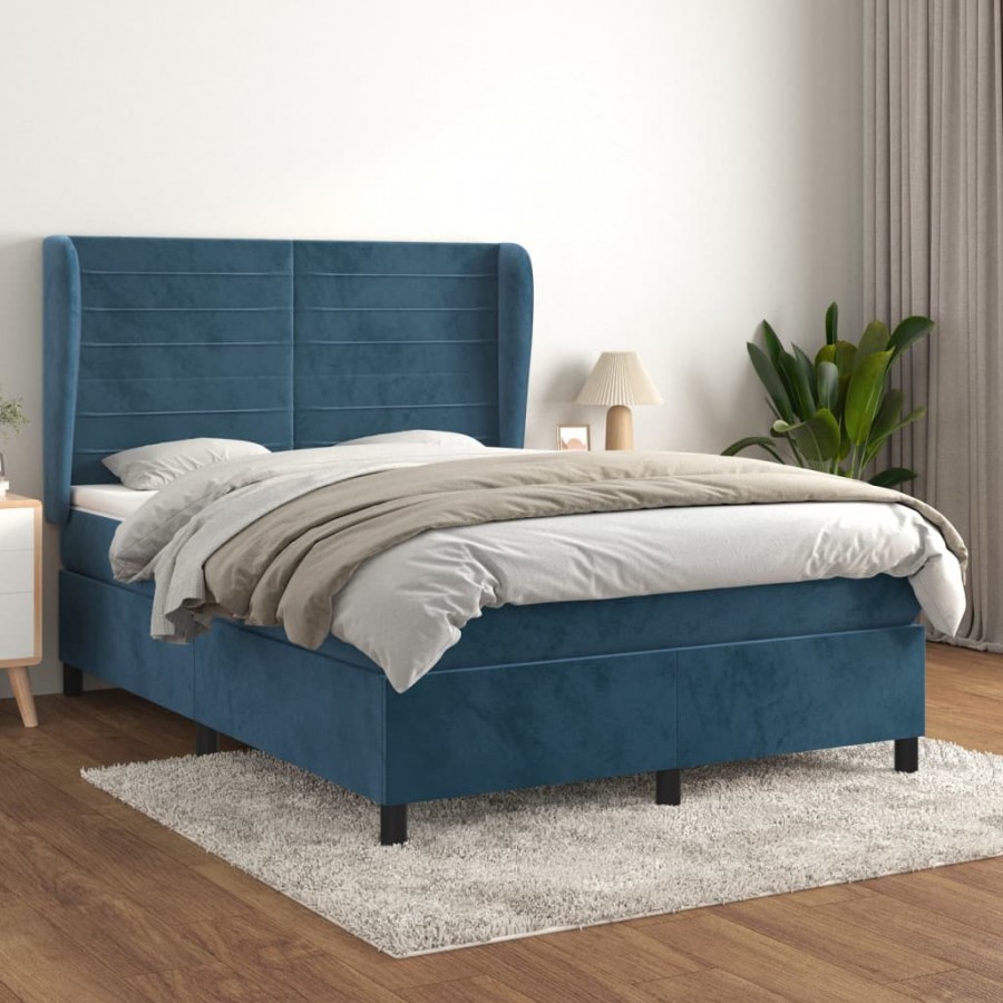 Cadre de lit et matelas Bleu foncé 140x190cm Velours