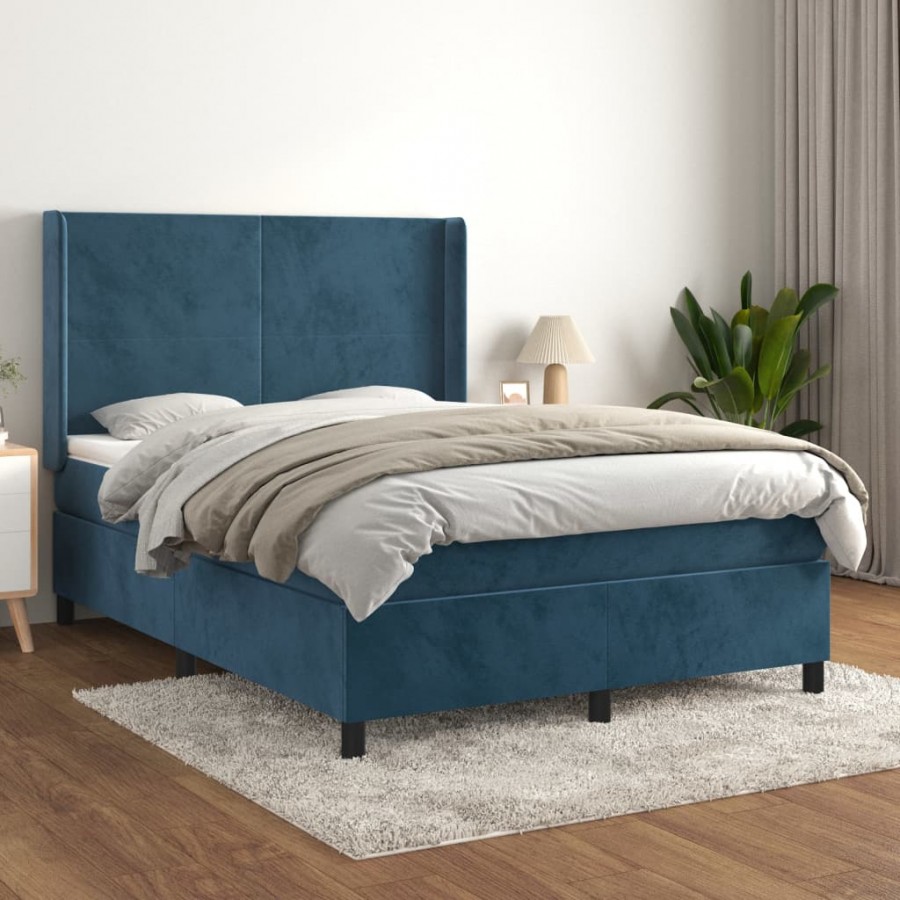 Cadre de lit et matelas Bleu foncé 140x190cm Velours