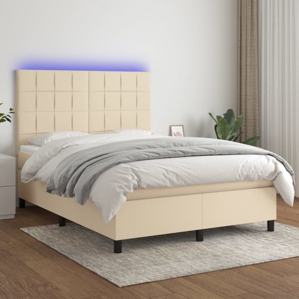 Cadre de lit et matelas et LED Crème 140x190cm Tissu