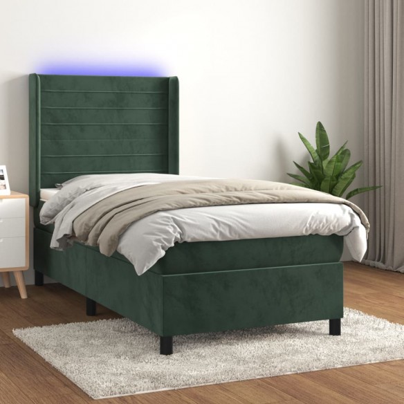 Cadre de lit et matelas et LED Vert foncé 90x200cm