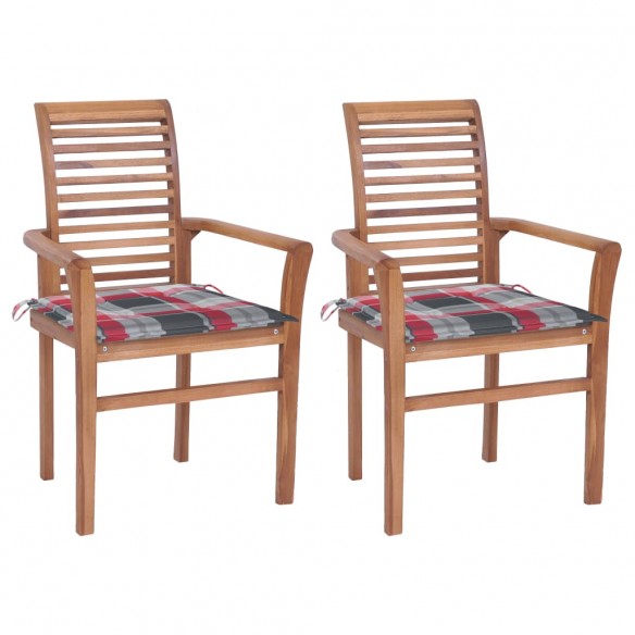 Chaises à dîner 2 pcs avec coussins à carreaux rouge Teck