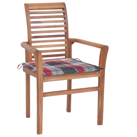 Chaises à dîner 2 pcs avec coussins à carreaux rouge Teck