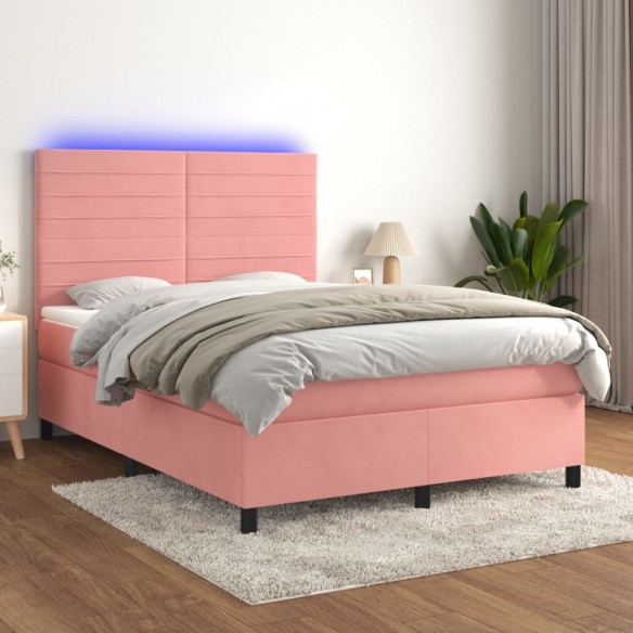 Cadre de lit avec matelas LED Rose 140x190cm Velours