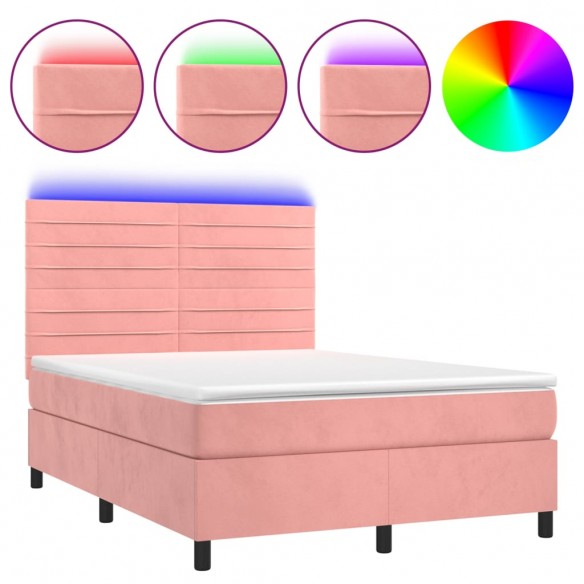 Cadre de lit avec matelas LED Rose 140x190cm Velours