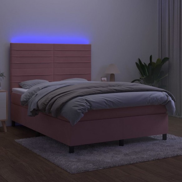 Cadre de lit avec matelas LED Rose 140x190cm Velours