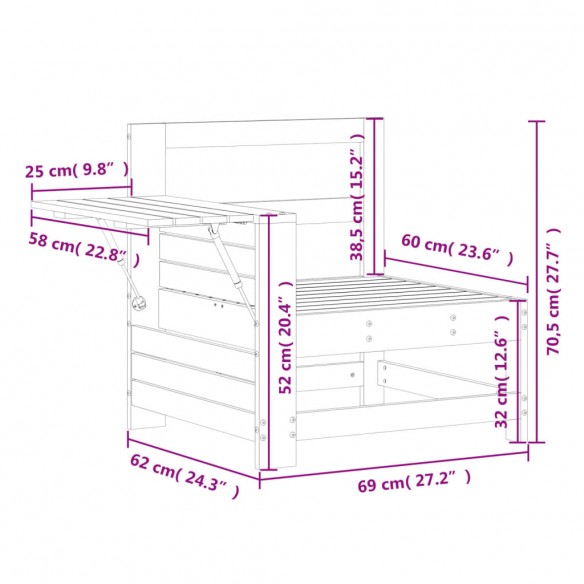 Canapé de jardin accoudoir avec table d'appoint pin imprégné