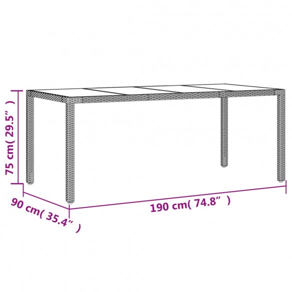 Table de jardin dessus en verre Gris 190x90x75cm Résine tressée