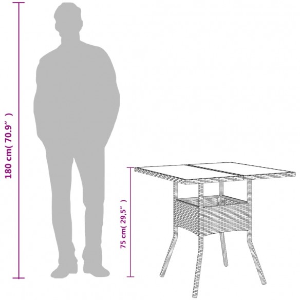 Table de jardin dessus en verre gris 80x80x75 cm résine tressée