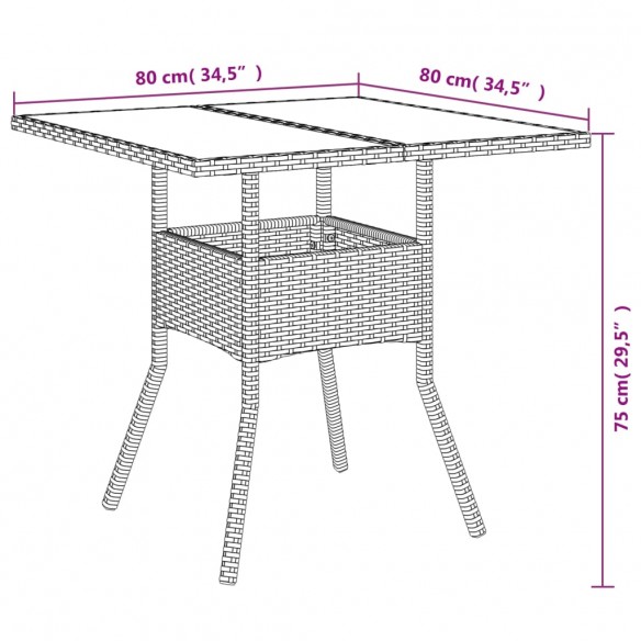 Table de jardin dessus en verre gris 80x80x75 cm résine tressée