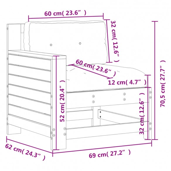 Canapé de jardin accoudoir coussins cire marron bois pin massif