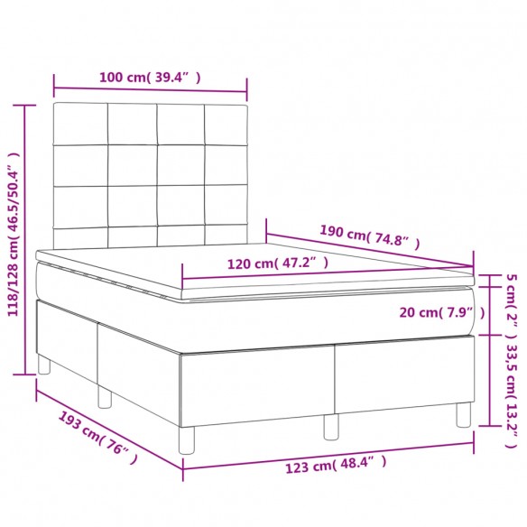 Cadre de lit avec matelas LED gris foncé 120x190 cm