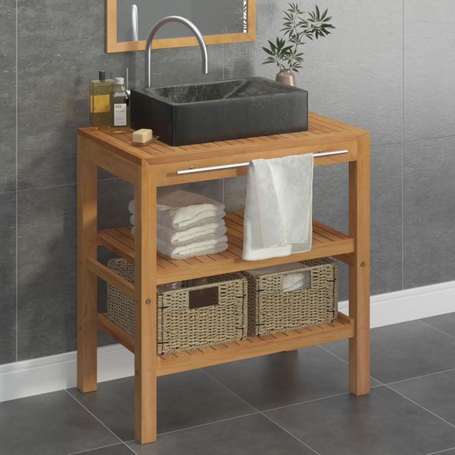 Armoire de toilette Teck solide avec lavabo en marbre Noir