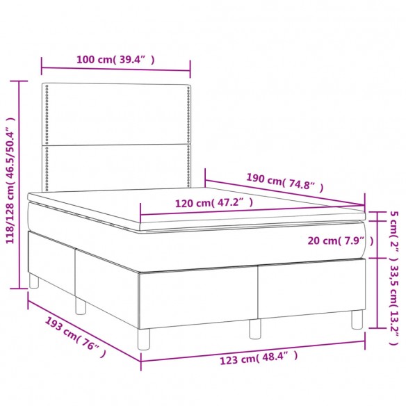 Cadre de lit matelas LED gris foncé 120x190 cm tissu