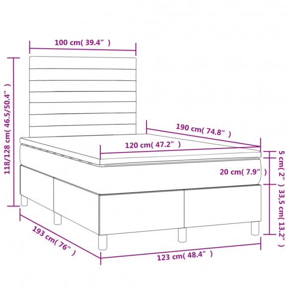 Cadre de lit matelas et LED marron foncé 120x190 cm