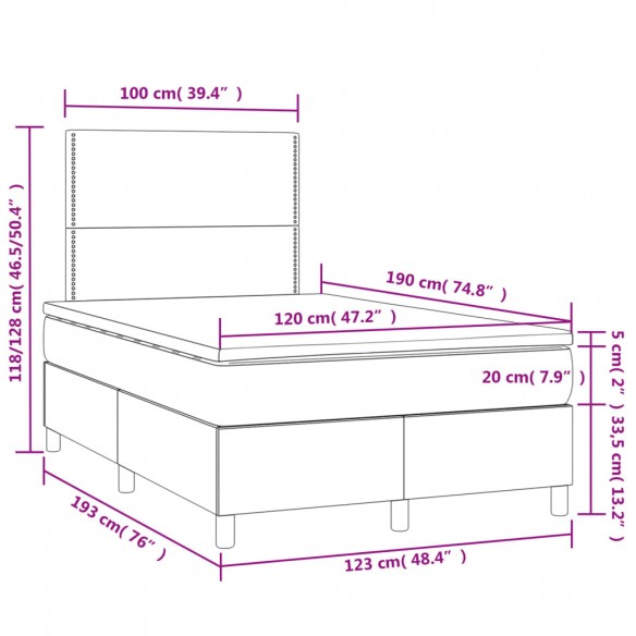 Cadre de lit matelas LED gris clair 120x190 cm tissu