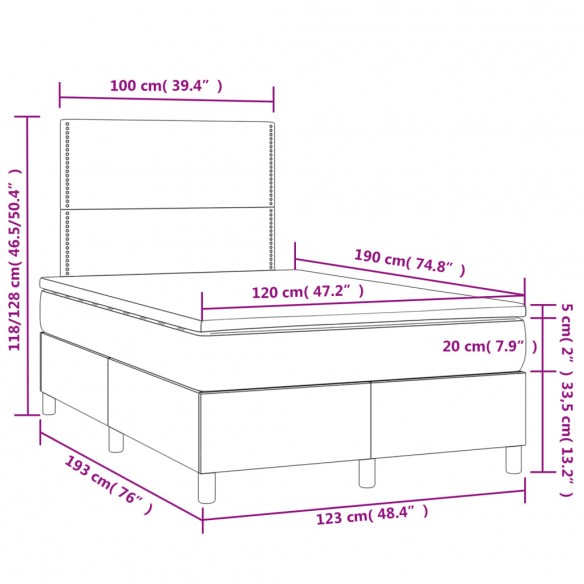 Cadre de lit matelas et LED marron foncé 120x190 cm