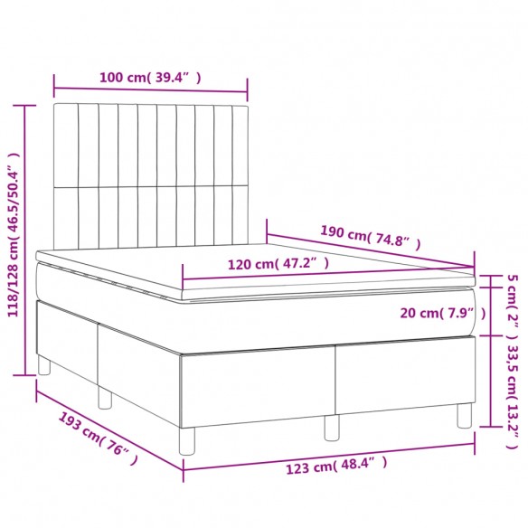 Cadre de lit matelas et LED noir 120x190 cm tissu