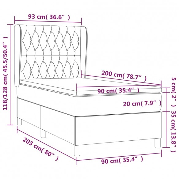 Cadre de lit avec matelas Crème 90x200 cm Tissu