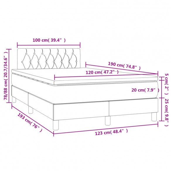 Cadre de lit matelas et LED crème 120x190 cm tissu