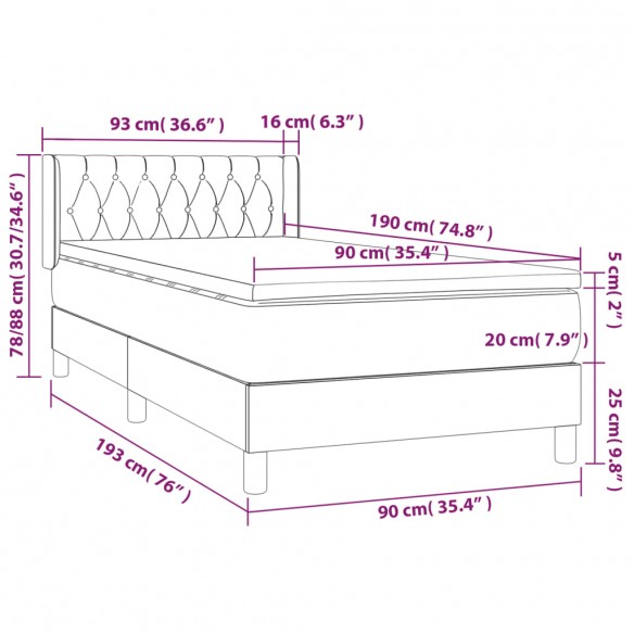 Cadre de lit et matelas Gris foncé 90x190 cm Velours