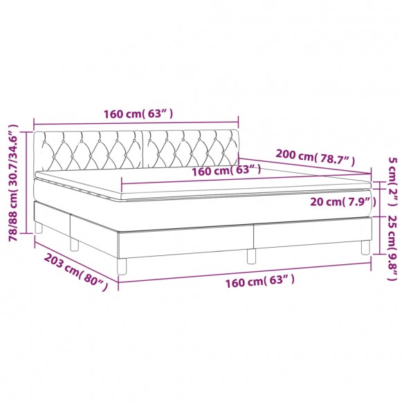 Cadre de lit avec matelas LED Gris clair 160x200 cm