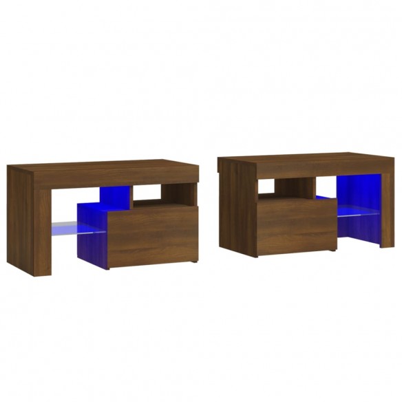 Tables de chevet 2 pcs et lumières LED Chêne brun 70x36,5x40 cm