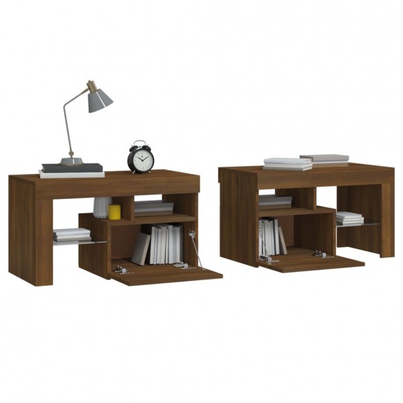 Tables de chevet 2 pcs et lumières LED Chêne brun 70x36,5x40 cm