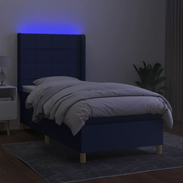 Cadre de lit matelas et LED Bleu 90x190 cm Tissu