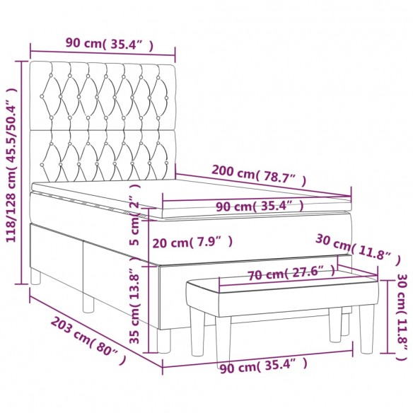 Cadre de lit avec matelas Noir 90x200 cm Velours