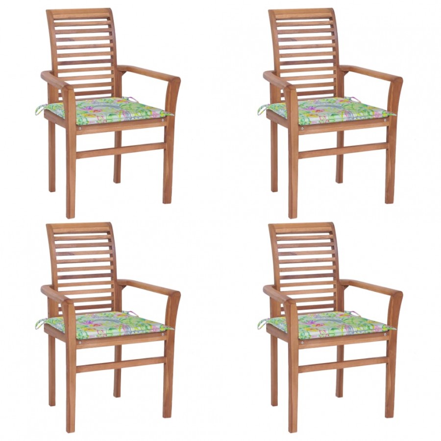 Chaises à dîner 4 pcs et coussins motif de feuilles Teck solide