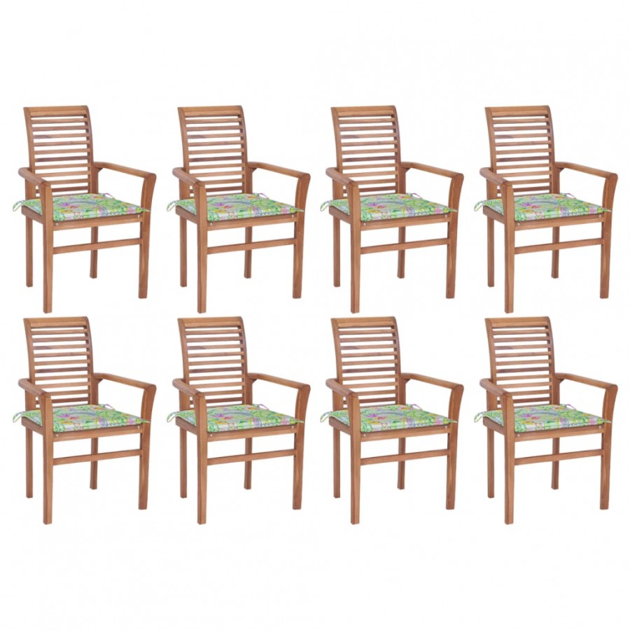 Chaises à dîner 8 pcs avec coussins motif feuilles Teck solide