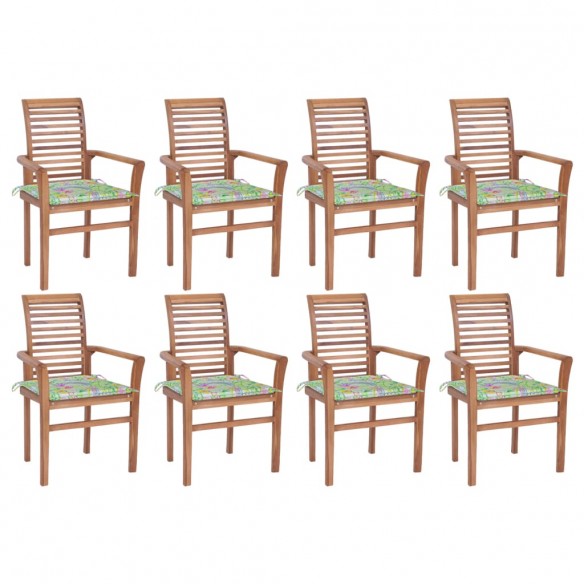 Chaises à dîner 8 pcs avec coussins motif feuilles Teck solide