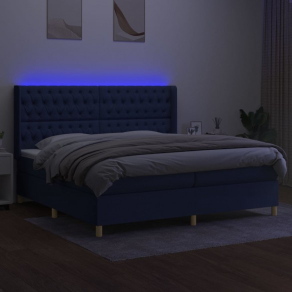 Cadre de lit matelas et LED Bleu 200x200 cm Tissu