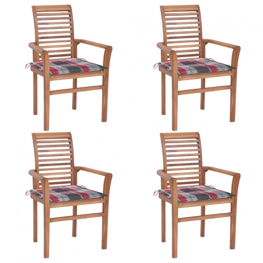 Chaises à dîner 4pcs avec coussins à carreaux rouge Teck solide