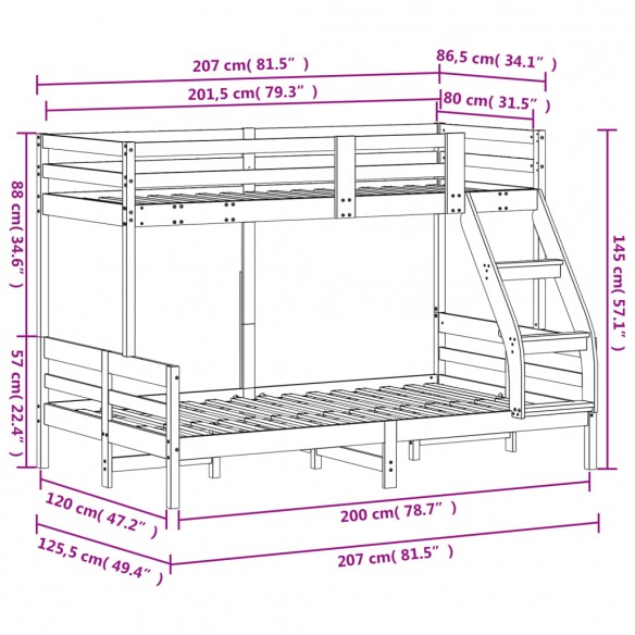 Lit superposé 80x200/120x200 cm bois de pin massif