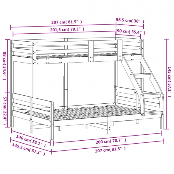 Lit superposé 90x200/140x200 cm bois de pin massif