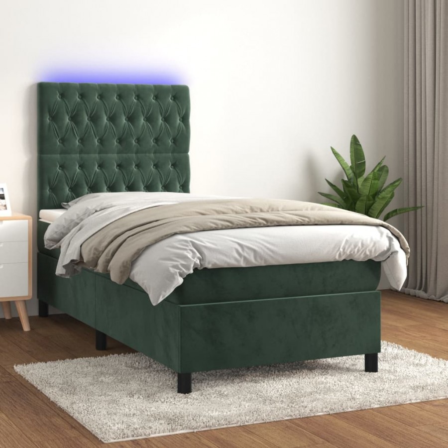 Cadre de lit et matelas et LED Vert foncé 90x190 cm