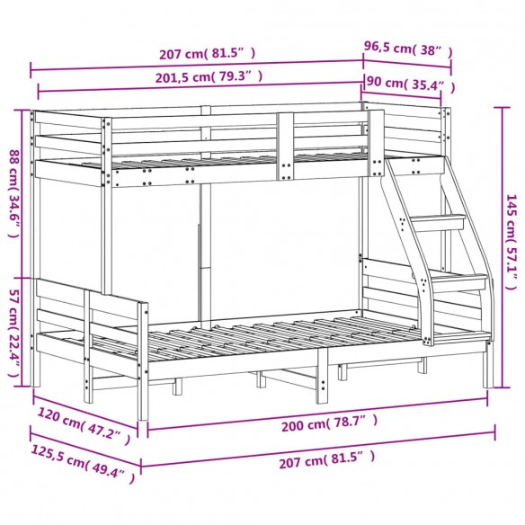 Lit superposé 90x200/120x200 cm bois de pin massif